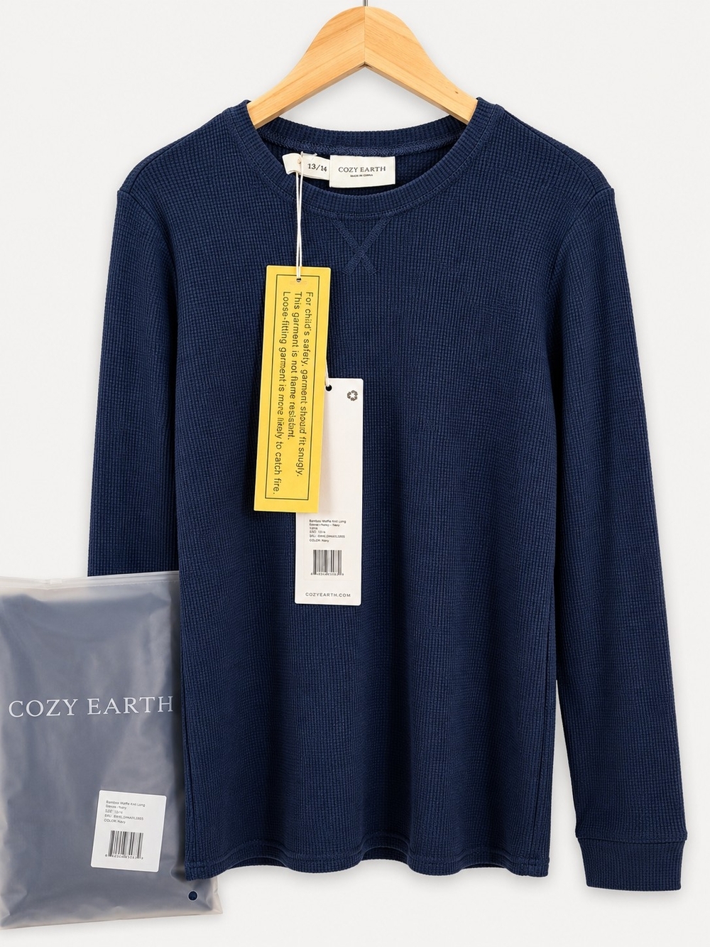 Cozy Earth Kids Bamboo Waffle Knit Base Layer Long Sleeve Navy 13/14 NWT